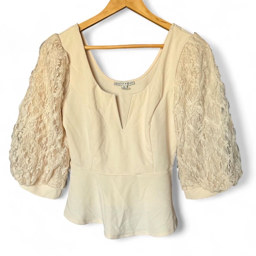 Haute Monde Lace Puff Sleeve Peplum Top Notch V-Neck Cream Cream Size M